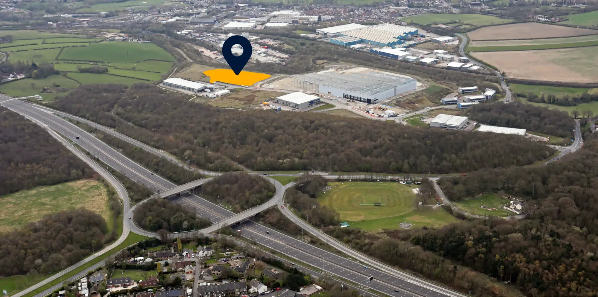 Aerial view with a marker showing the Aegis Energy Smithywood hub site beside the M1 near Sheffield