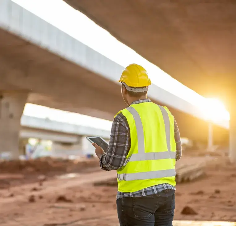 Engineer in hi-vis reviewing plans on a tablet beneath a motorway flyover