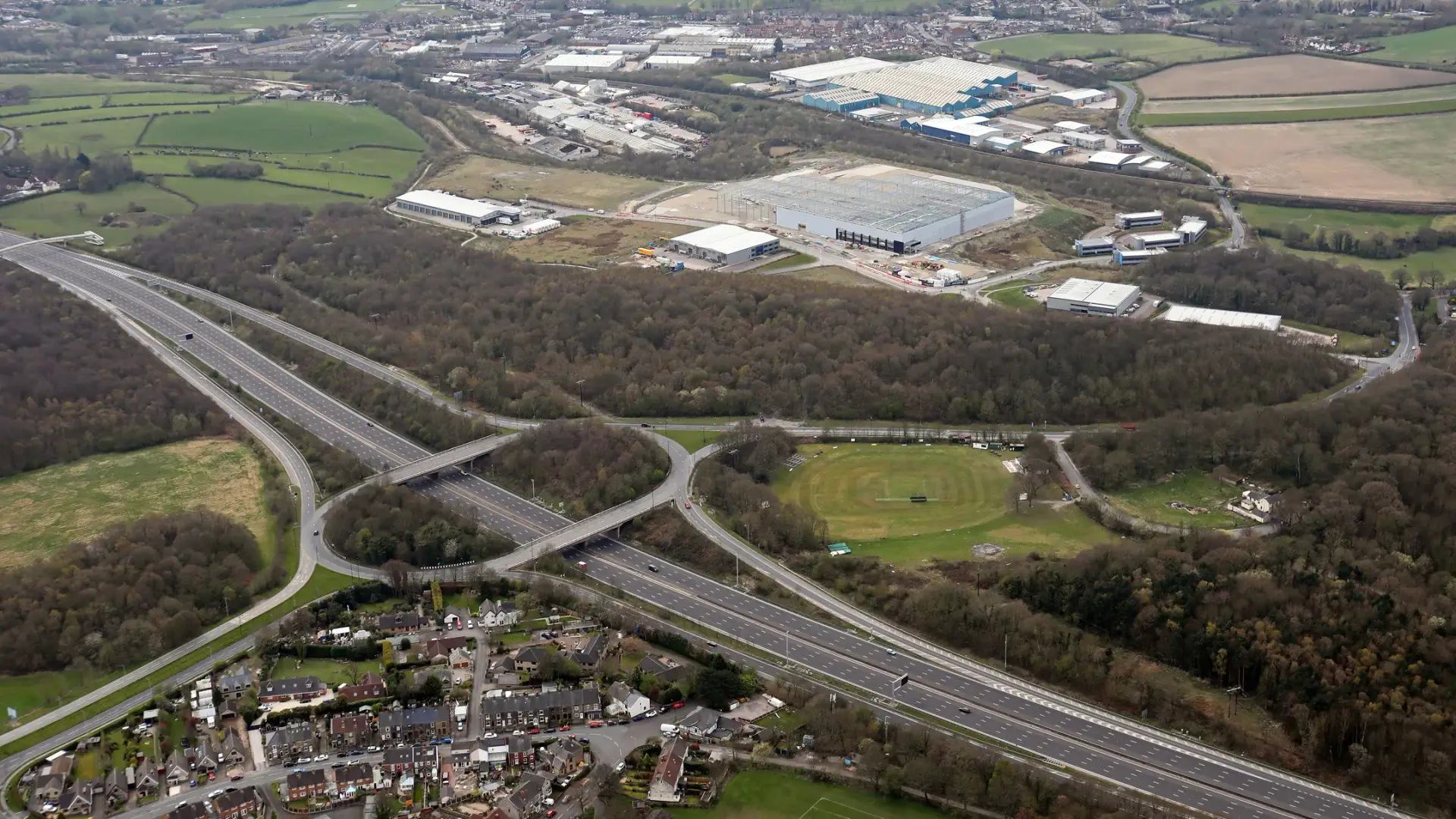 Aerial view of Smithywood Business Park and the M1 junction near Sheffield